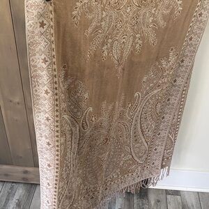 Paisley Fringe Shawl Scarf in Taupe and Ivory
